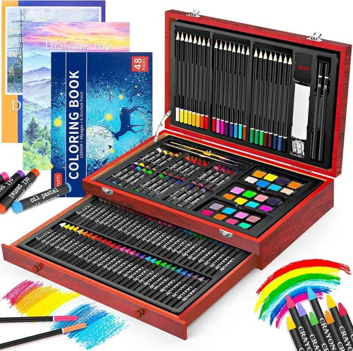 iBayam Suministros de arte, paquete de 150 piezas de arte de madera de lujo, kit de pintura para manualidades con 2 blocs de bocetos, 1 libro para