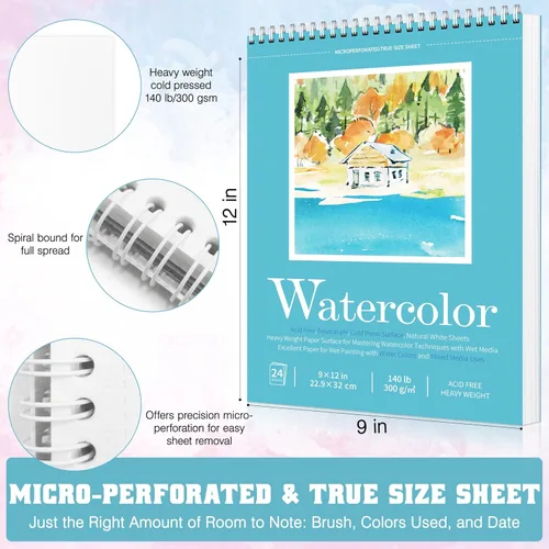 Miniatura 2 de Bloc de papel para acuarela, cuaderno de bocetos de acuarela de 9" x 12", 140 lb/300 gsm, bloc de acuarela en espiral y cuaderno de bocetos