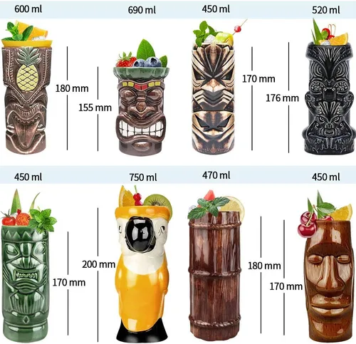 Miniatura 2 de LINALL Tiki Mugs - Juego de 8 tazas de cóctel de cerámica TIKI tazas hawaianas para fiesta hawaiana, vasos de cóctel exóticos hawaianos TKSET0080