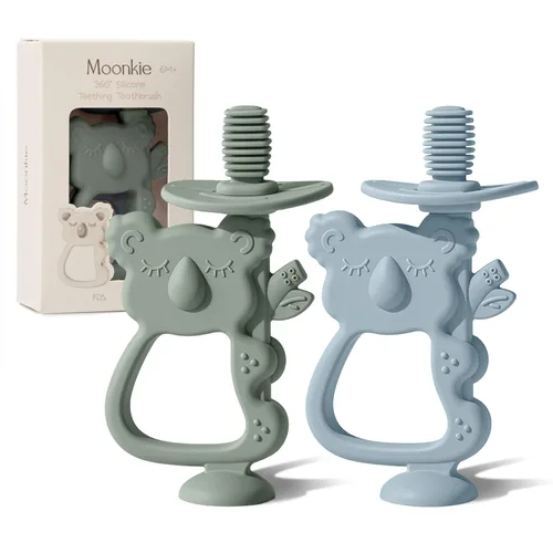Miniatura 15 de Moonkie Juguete de dentición, mordedores de silicona seguros y fáciles de sostener, sin BPA, cepillo de dientes de bebé de 360° con base de succión