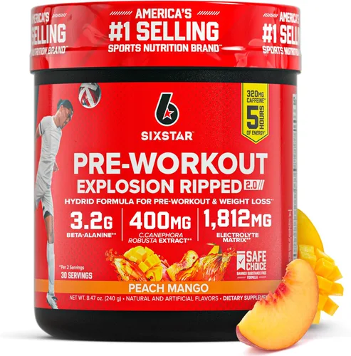 Six Star Explosión preentrenamiento, melocotón y mango (30 porciones) - Suplemento energético en polvo para preentrenamiento para hombres y mujeres