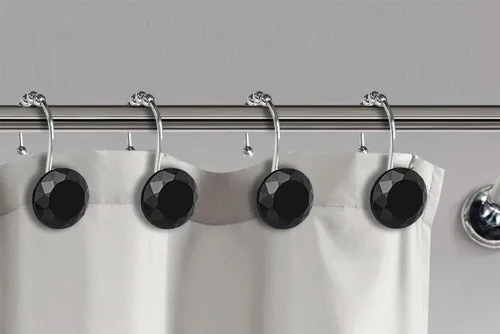 Miniatura 5 de Ganchos de cortina de ducha de cristal negro con diamantes para baño, 12 unidades, anillos de acero inoxidable plateados a prueba de óxido, colgador