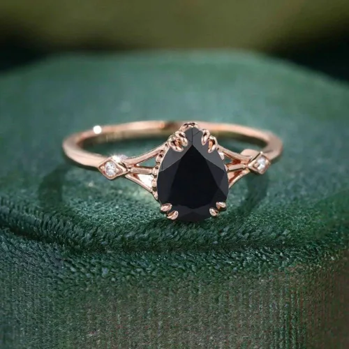 Miniatura 6 de Ssjewel 2 Ct Pear Cut Diamond Black Onyx Unique Nature Inspire Floral Bridal Engagement Ring For Women 14K Rose Gold Plated Stacking Band Sterling