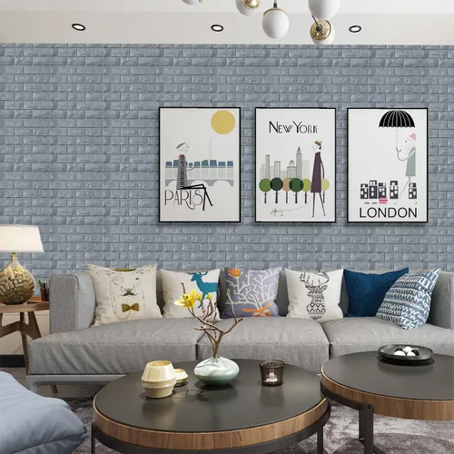 Miniatura 2 de Paneles de pared 3D para despegar y pegar, 11 piezas de papel tapiz de ladrillo de espuma gris para dormitorio, panel de pared de piedra sintética