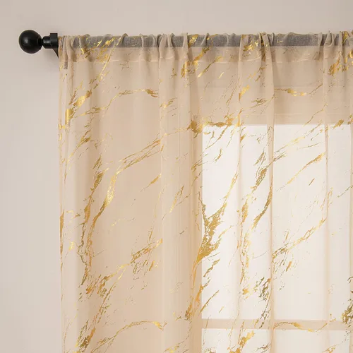 Miniatura 3 de Cortinas Transparentes Beige con Estampado de Lámina de Mármol Dorado de 63 Pulgadas de Largo para Cuarto de Bebé, Paneles de Ventana con Bolsillo