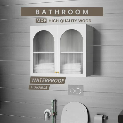 Miniatura 4 de Armario de pared para baño sobre el inodoro, soporte de pared arqueado, botiquín de baño con 2 puertas acrílicas, estante de almacenamiento abierto