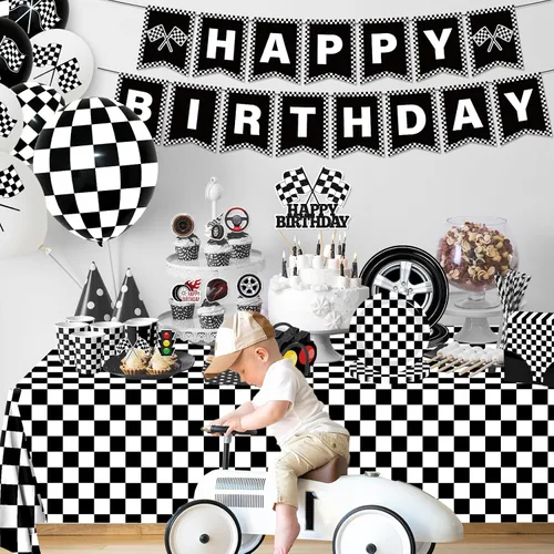 Miniatura 6 de Juego de vajilla de 187 piezas para decoración de fiesta de cumpleaños de coche de carreras, incluye platos de fiesta de autos de carreras