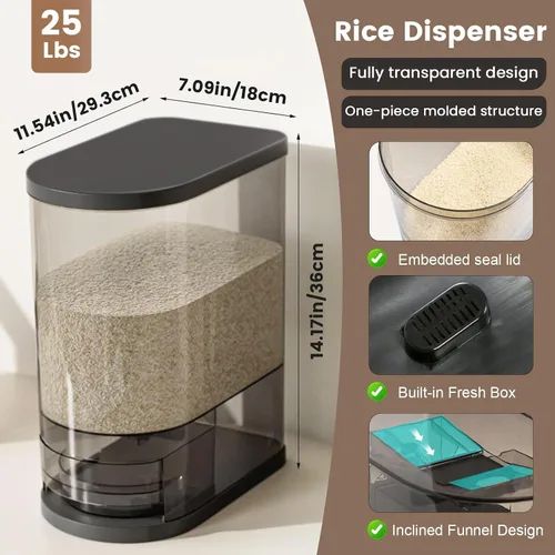 Miniatura 5 de SYNCVIBE Dispensador grande de arroz de 22 a 25 libras, dispensador de cereales, contenedor de almacenamiento de alimentos con taza medidora, Negro