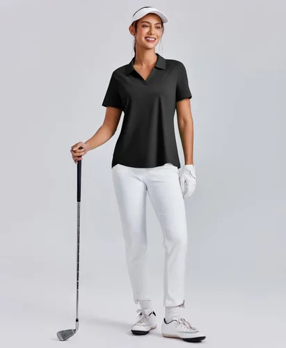 Miniatura 3 de PINSPARK Camiseta de golf para mujer, de manga corta, con protección UPF 50+, camiseta de tenis, cuello en V, para entrenamiento, ropa deportiva