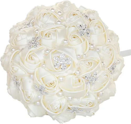Miniatura 24 de Sharebeauty Ramo de novia de satén hecho a mano de 5.9 pulgadas, ramo de boda, ramo de flores artificiales, color azul claro + blanco W224