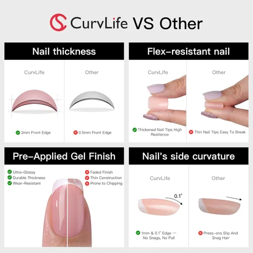 Miniatura 3 de Uñas a presión CurvLife cortas cuadradas Beige, Blancas, Rosas, Uñas postizas falsas acrílicas con diseño de albaricoque, uñas de cobertura completa