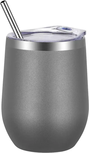 Miniatura 26 de VEGOND - Vaso de vino de acero inoxidable de 12 onzas con tapa y popote, vaso de vidrio de vino aislado de doble pared sin tallo, taza de café