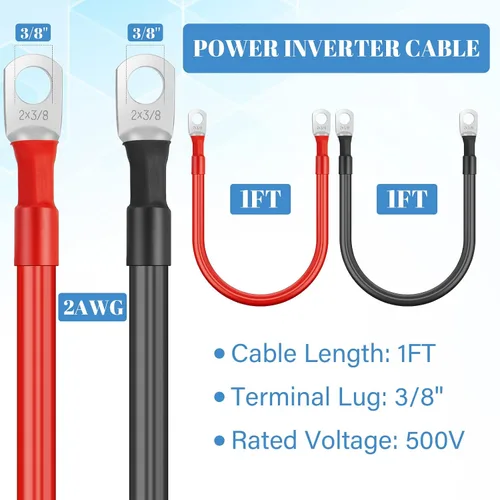 Miniatura 2 de Hoteam Cable de batería de cobre con terminales de 3/8 pulgadas, rojo y negro, cable inversor de corriente para motocicleta solar, automóvil, 2 AWG