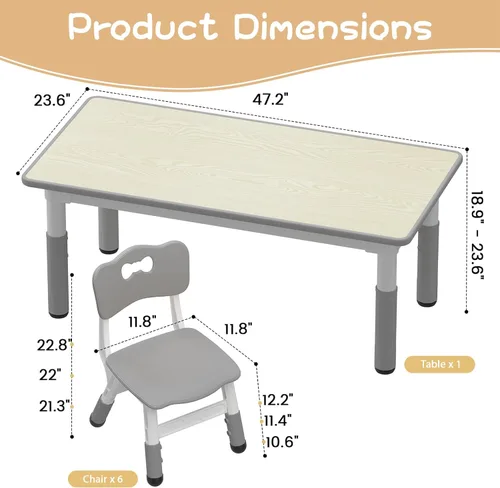 Miniatura 6 de GAOMON - Juego de mesa y 6 sillas para niños, mesa y silla ajustables en altura para niños de 2 a 10 años, escritorio con graffiti, patas Gris