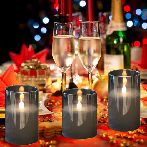 Miniatura 2 de HIYAA Velas LED sin llama, velas de cristal gris que funcionan con pilas parpadeantes con control remoto, mecha 3D, luz cálida realista, velas LED