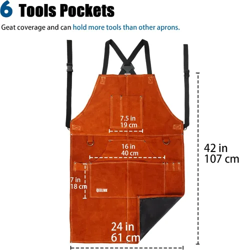Miniatura 2 de QeeLink Delantal de soldadura de cuero con 6 bolsillos, delantal resistente al calor y al fuego, 24 x 42 pulgadas, ajustable de M a XXXL Marrón