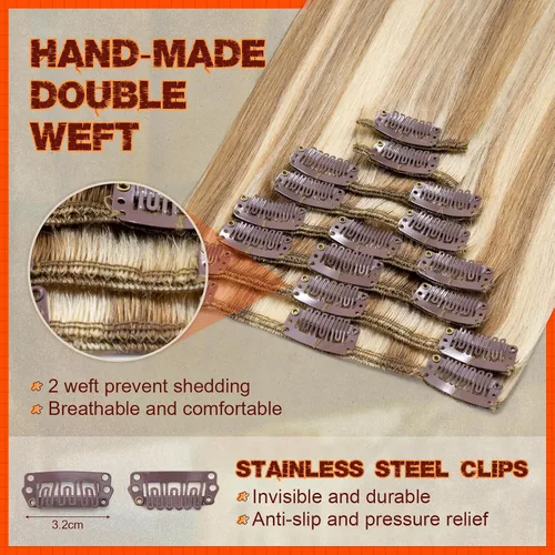 Miniatura 3 de Benehair Extensiones de cabello humano con clip, balayage, mezcla de castaño dorado con mechas rubio decolorado, extensiones de cabello