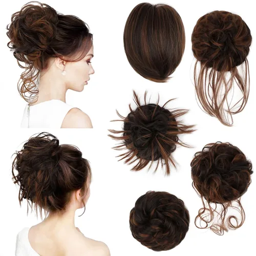 Miniatura 13 de HMD 5 piezas de moño despeinado para mujer, extensión de cabello con banda de goma elástica, extensión de cabello largo y desordenado, accesorios