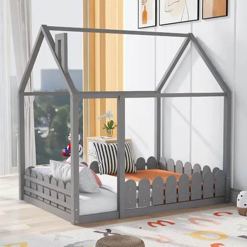 Miniatura 12 de Cama de suelo de casa de tamaño matrimonial con valla y techo para niños pequeños, marco de cama Montessori bajo de madera con listones de madera