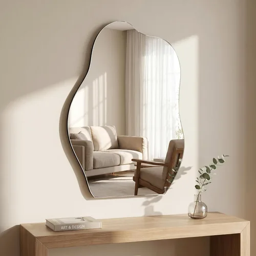 Miniatura 3 de HARRITPURE Espejo de baño irregular de 22 x 32 pulgadas, espejo de pared moderno negro con marco de madera, espejos decorativos asimétricos