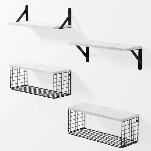 Estantes flotantes de pared, juego de 4 estantes para montar en la pared, con cestas de metal, estilo de decoración rústica, estante para baño,