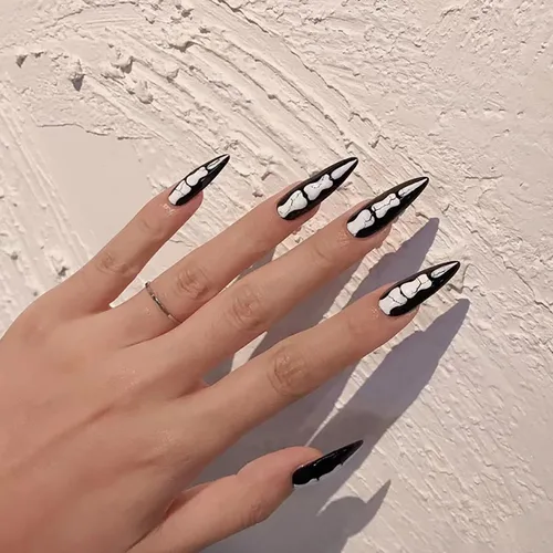 Miniatura 6 de 24 uñas postizas largas a presión de Halloween, con diseño de huesos góticos, uñas postizas acrílicas de almendra, hueso de dedo, cobertura