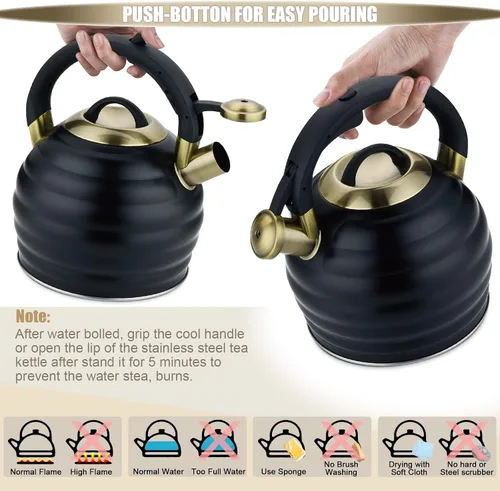 Miniatura 3 de Tetera de Té para Estufa Superior con Silbato, Tetera de 3.2 Quarts de Acero Inoxidable con Asa Ergonómica Resistente al Calor