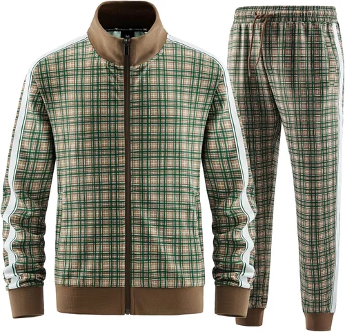 W JIANWANG Conjunto deportivo de 2 piezas para hombre con cremallera completa manga larga a cuadros chaquetas y pantalones activos