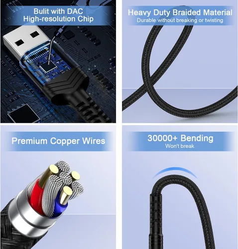 Miniatura 4 de Cable USB a 3.5mm Audio Aux, 0.9m Adaptador USB Macho a AUX Macho TRS Cable de Audio Trenzado Estéreo para Auriculares, Altavoces, PC, Laptop, Negro