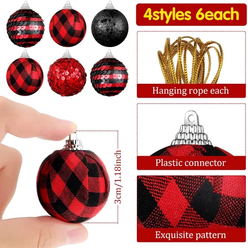 Miniatura 4 de 24 bolas de Navidad para árbol, adornos de Navidad rojos y negros de 1.2 in/1.18 pulgadas, bolas de lentejuelas con purpurina, decoración de árbol
