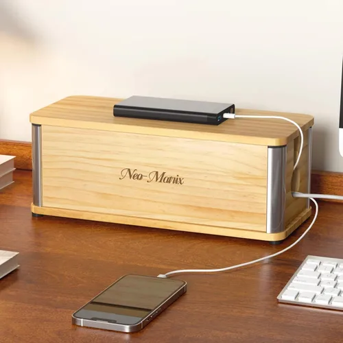 Miniatura 10 de Delamu Caja de organización de cables de madera, caja organizadora de cables de escritorio de aspecto retro para oficina en casa, caja oculta cables