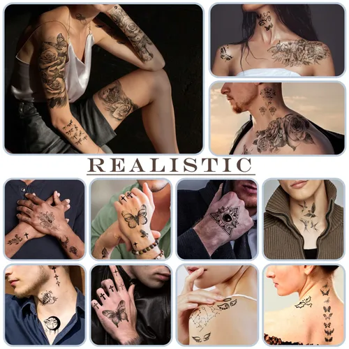 Miniatura 4 de 77 hojas de tatuajes temporales para hombres y mujeres, 17 hojas de tatuajes falsos de medio brazo, pecho y hombro, 60 hojas de tatuajes negros