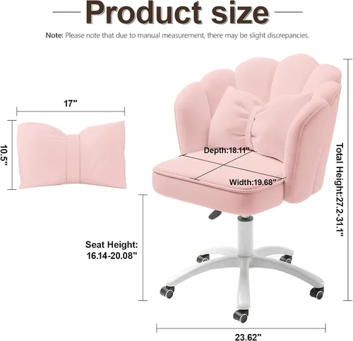 Miniatura 2 de Petal - Silla de escritorio con cojín de lazo, silla de tocador de terciopelo con ruedas, silla tapizada de oficina en casa para niñas y mujeres