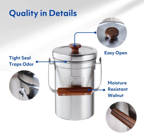 Miniatura 5 de Vatya Contenedor de compost de cocina de acero inoxidable, sin filtro, compostador, cubo de compostaje, contenedor pequeño de basura de alimentos