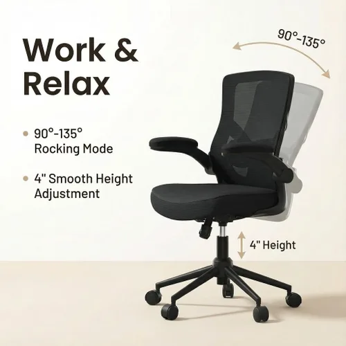 Miniatura 6 de Silla de oficina ergonómica, silla de escritorio de malla con respaldo alto con cojín de espuma moldeada, soporte lumbar ajustable, función de Negro