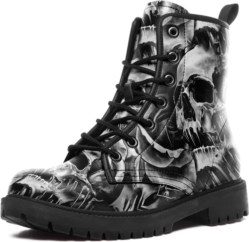 Miniatura 10 de Botas de combate negras personalizadas para mujer, con lazada, estilo cráneo y rosa, botas de tacón grueso y plataforma de cuero