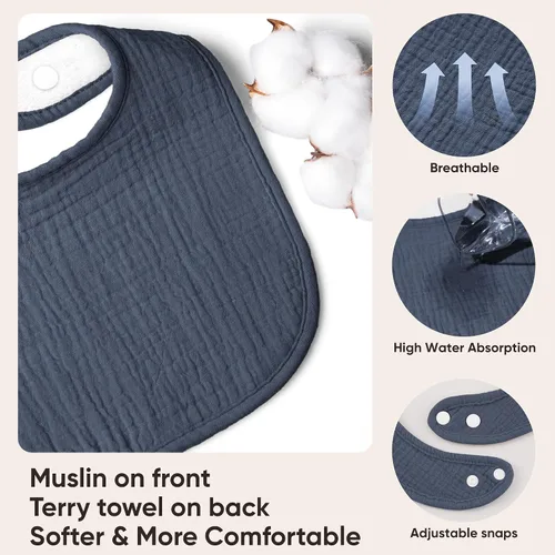 Miniatura 2 de Bearmoss Baberos para babeo y dentición, baberos de muselina 100% algodón para bebé niño y niña, ajustables, ultra absorbentes, paquete de 8 Iceberg