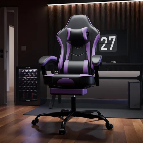 Miniatura 2 de Silla de escritorio para juegos para adultos, silla ergonómica para juegos con reposapiés, reposacabezas y soporte lumbar, material de cuero, altura