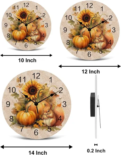 Miniatura 7 de Reloj de pared silencioso de PVC de 10 pulgadas, redondo, con girasol, calabaza, otoño, Acción de Gracias, reloj colgante para cocina, sin tictac
