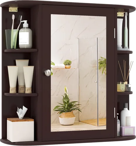 Miniatura 12 de Tangkula Botiquín de baño con espejo, almacenamiento para el hogar montado en la pared con puerta y 6 estantes abiertos, estantes ajustables, Negro