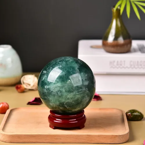 Miniatura 6 de JIC Gem Gran esfera de cristal de cuarzo verde con fluorita verde, gema curativa esférica para meditación, con soporte decorativo de madera