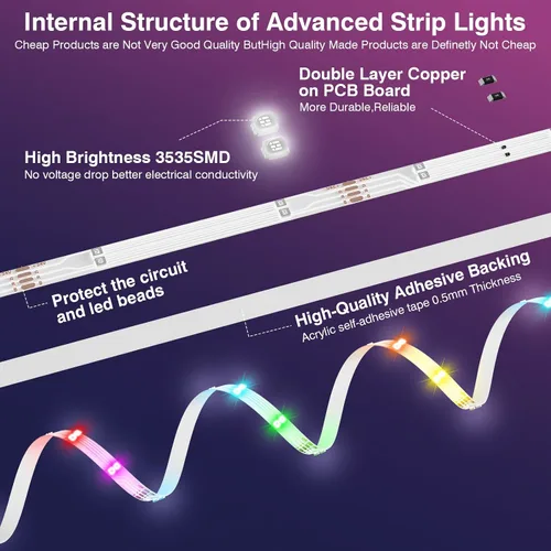 Miniatura 2 de Tira de luces LED para dormitorio, 2025 doble fila de 30.5 m, 960 LEDs RGB, tiras de luces sincronizadas con música, cambio de color, control remoto