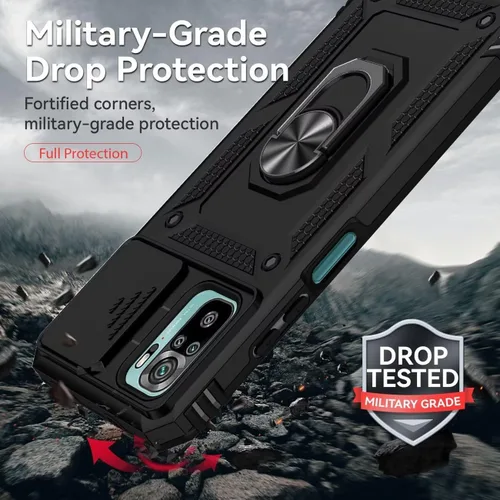 Miniatura 7 de Funda para Redmi Note 10/Redmi Note 10S/Poco M5S con protector de pantalla de vidrio templado y cubierta de cámara deslizante, anillo magnético Negro