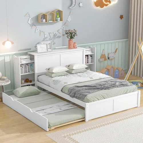 Miniatura 13 de RUNNA Elegante cama de plataforma de tamaño Queen con estantes extraíbles, cama de almacenamiento de madera con nido de tamaño individual