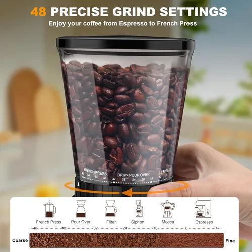 Miniatura 3 de Molinillo de Café Eléctrico con Rebaba Cónica para Espresso, Molinillo de Granos de Café para Uso Doméstico Mejorado con 48 Configuraciones