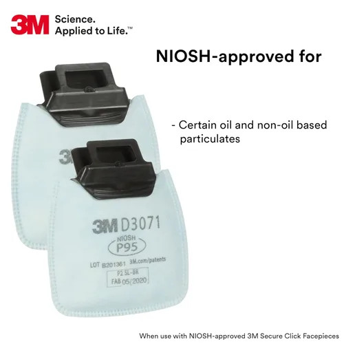 Miniatura 2 de 3M Filtro respirador P95, protección Secure Click D3071 contra ciertas partículas a base de aceite y sin aceite, aprobado por NIOSH, doble flujo