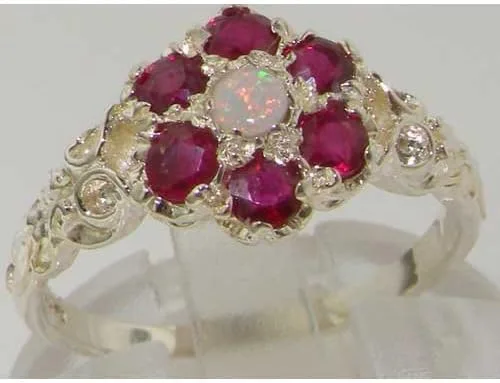 Miniatura 5 de Anillo de plata de ley 925 auténtico ópalo y rubí para mujer