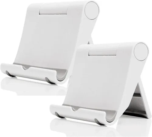 Soporte de teléfono celular para escritorio, paquete de 2 soportes para teléfono móvil, soporte para tableta de escritorio, soporte plegable blanco