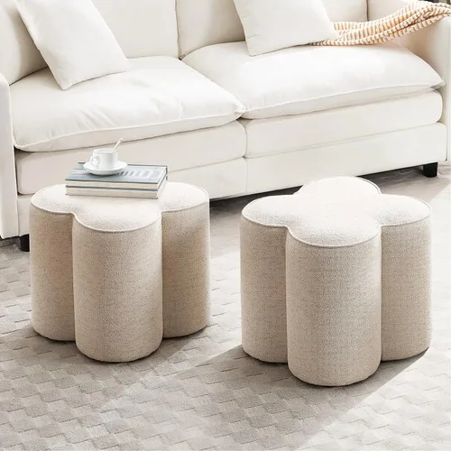 Zesthouse Juego de 2 puf otomanos de flores, reposapiés de tela de lino beige para sofá, taburetes modernos para sala de estar, bonita otomana