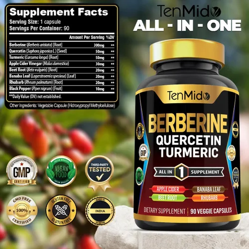 Miniatura 2 de Suplemento de berberina para hombres y mujeres, fórmula 8 en 1 con quercetina, cúrcuma, vinagre de sidra de manzana, raíz de remolacha y más